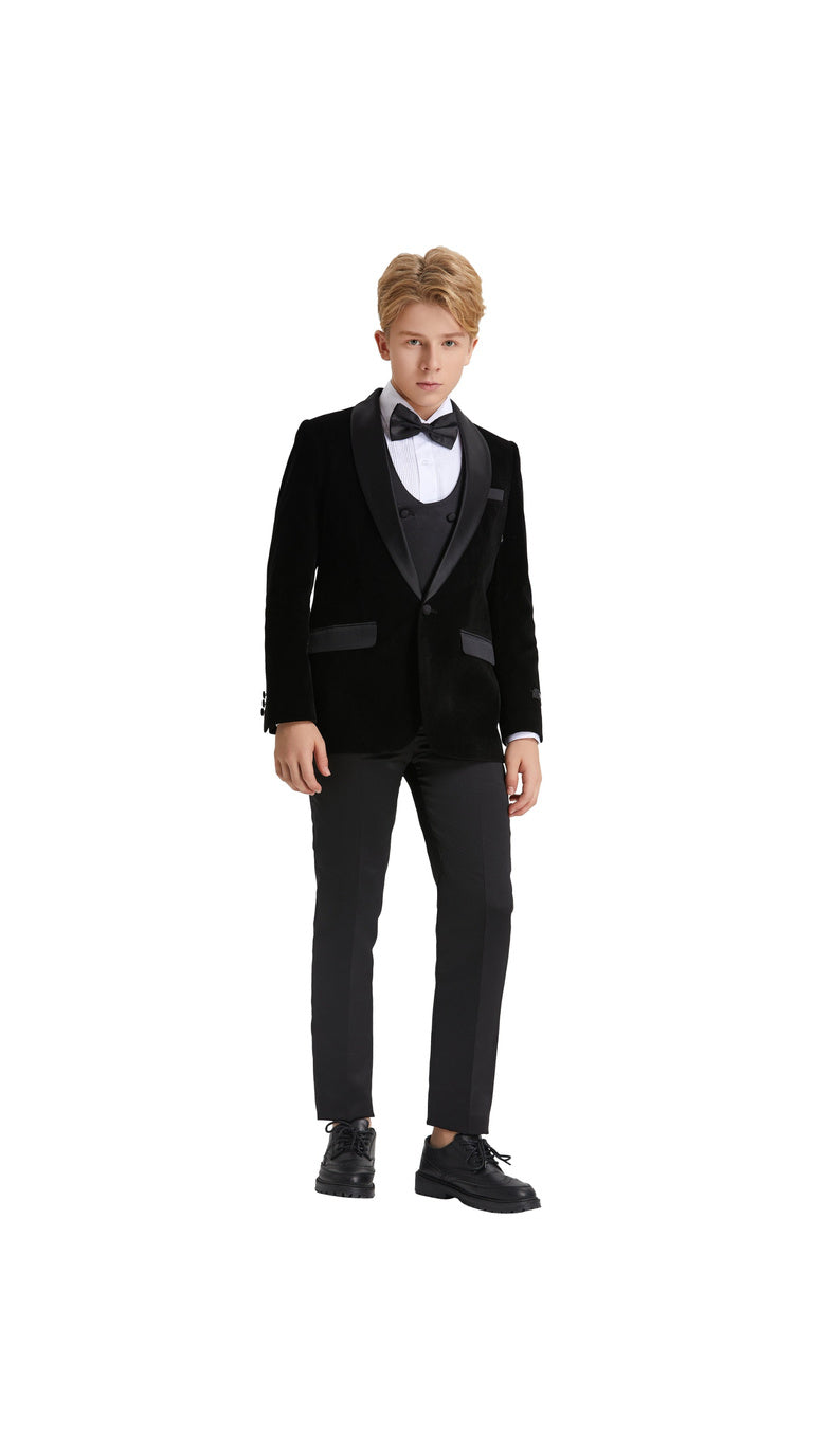 Boys' Slim Fit 5-Piece Velvet Suit Set – Satin Shawl Lapel – Holiday & Formal Events