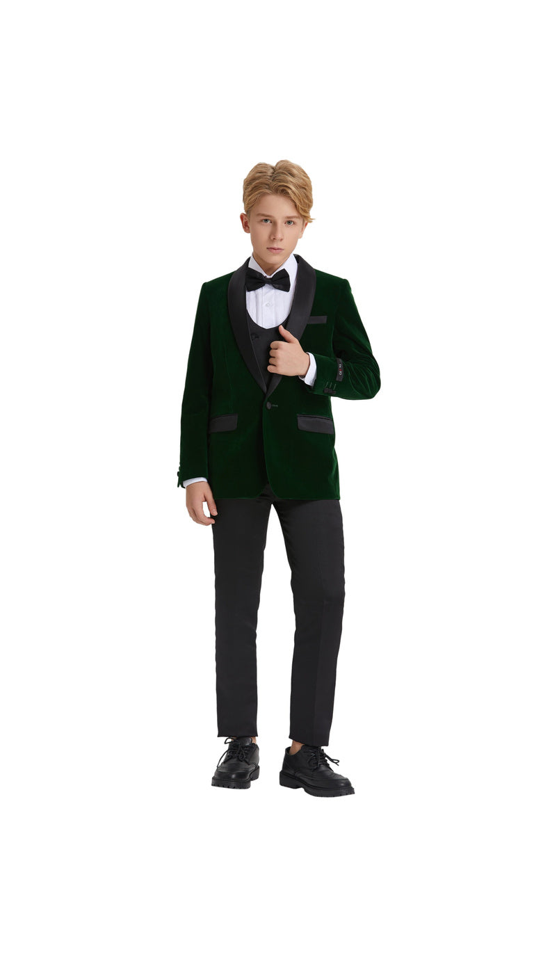 Boys' Slim Fit 5-Piece Velvet Suit Set – Satin Shawl Lapel – Holiday & Formal Events