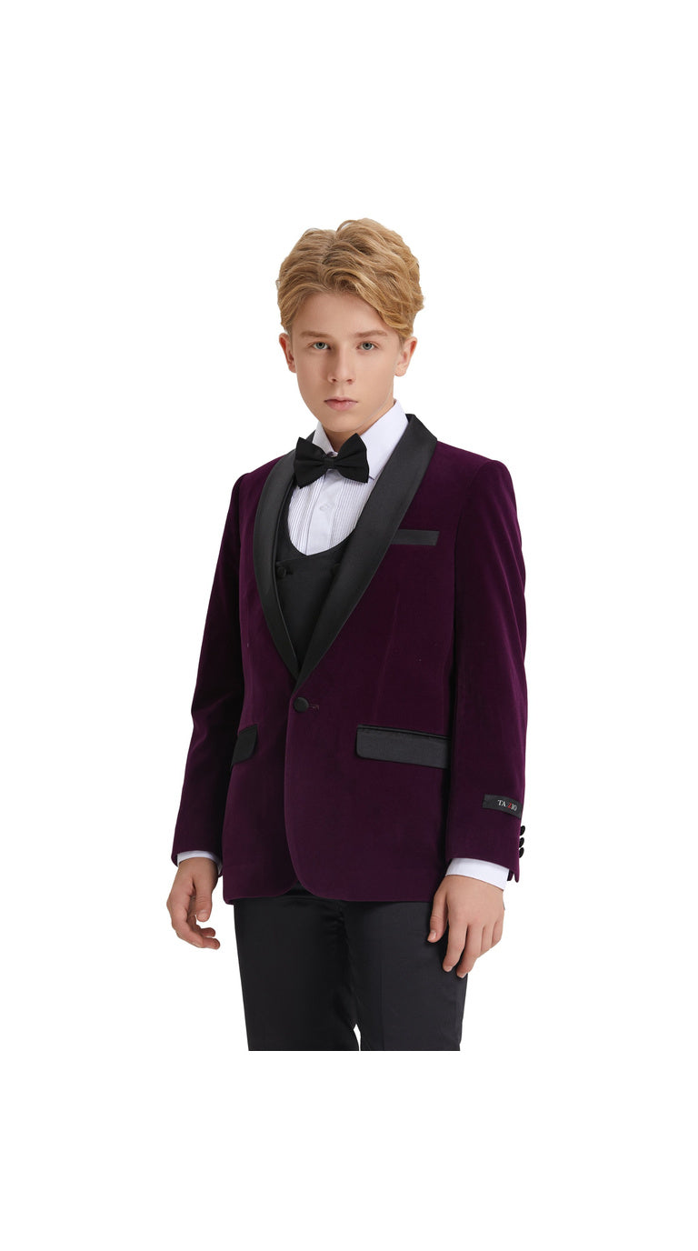 Boys' Slim Fit 5-Piece Velvet Suit Set – Satin Shawl Lapel – Holiday & Formal Events