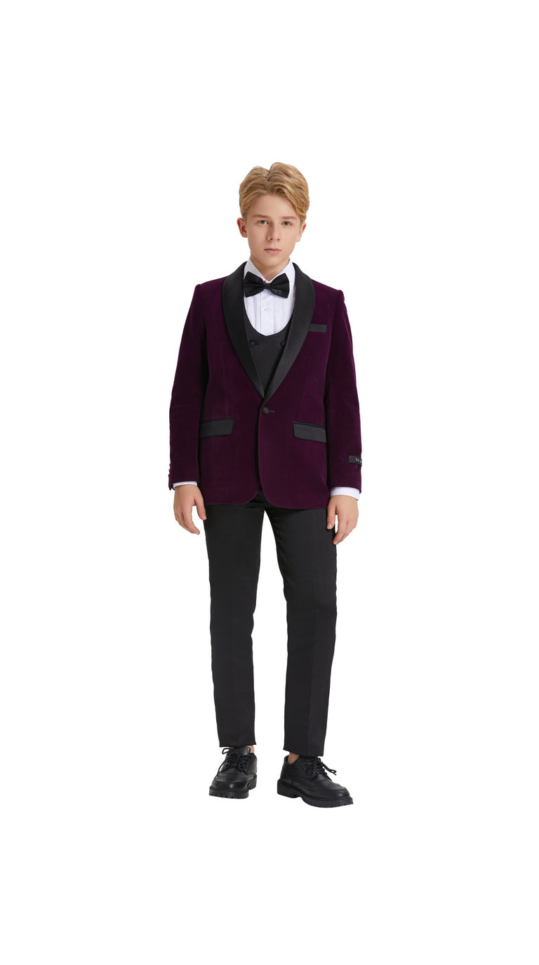 Boys' Slim Fit 5-Piece Velvet Suit Set – Satin Shawl Lapel – Holiday & Formal Events