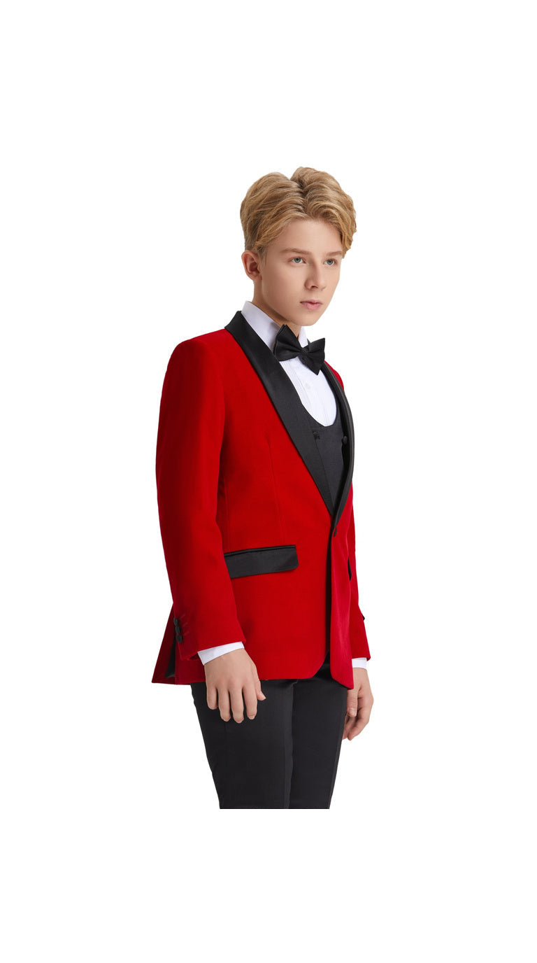 Boys' Slim Fit 5-Piece Velvet Suit Set – Satin Shawl Lapel – Holiday & Formal Events