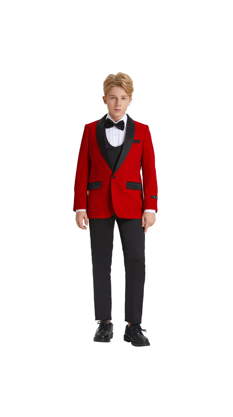 Boys' Slim Fit 5-Piece Velvet Suit Set – Satin Shawl Lapel – Holiday & Formal Events