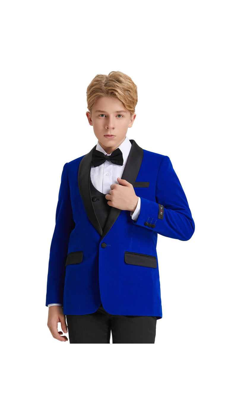 Boys' Slim Fit 5-Piece Velvet Suit Set – Satin Shawl Lapel – Holiday & Formal Events