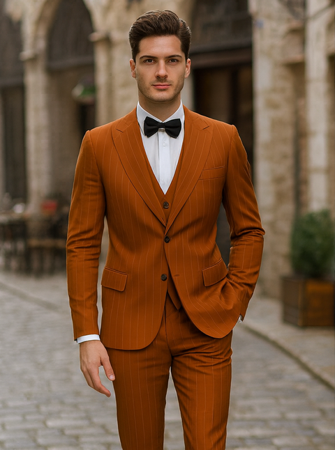 Tazzio Terracotta Orange Skinny Fit Pinstriped Suit for Men – Modern Stylish Suit