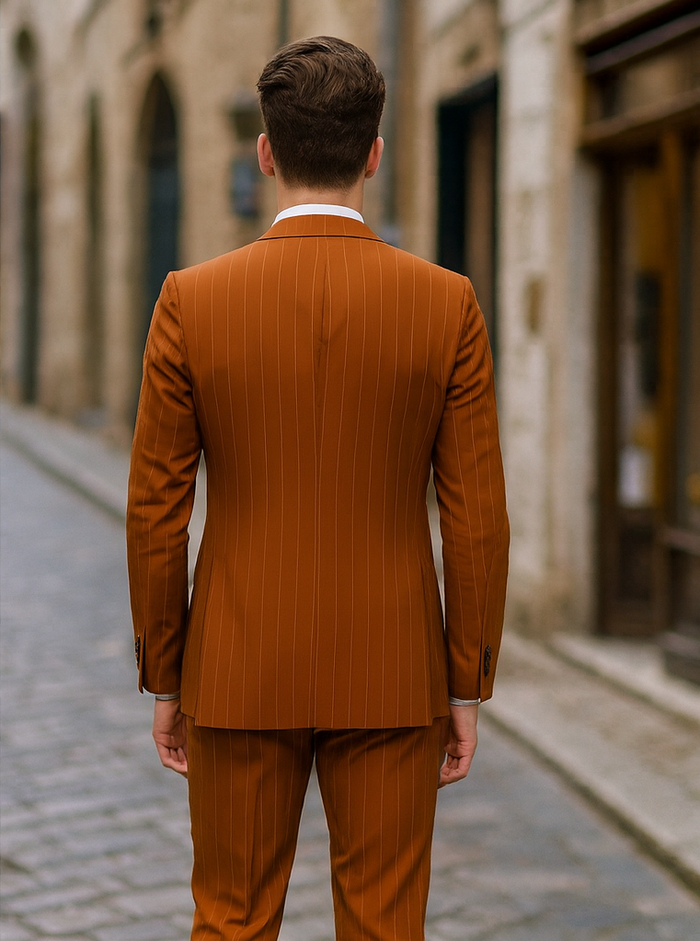 Tazzio Terracotta Orange Skinny Fit Pinstriped Suit for Men – Modern Stylish Suit
