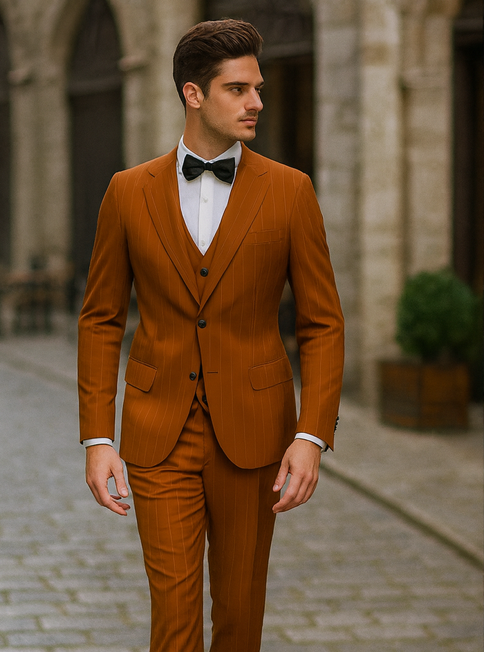 Tazzio Terracotta Orange Skinny Fit Pinstriped Suit for Men – Modern Stylish Suit