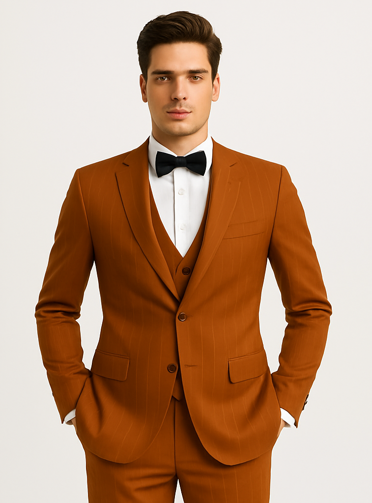 Tazzio Terracotta Orange Skinny Fit Pinstriped Suit for Men – Modern Stylish Suit