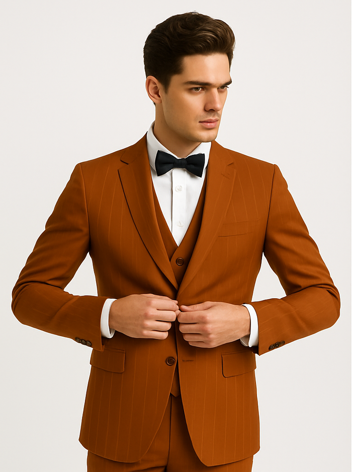 Tazzio Terracotta Orange Skinny Fit Pinstriped Suit for Men – Modern Stylish Suit