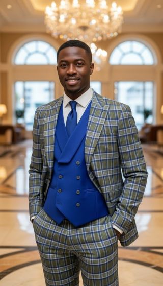 Statement Mens Outlet Three Piece Plaid 100% Wool Modern Fit Suit - Double Breasted Vest