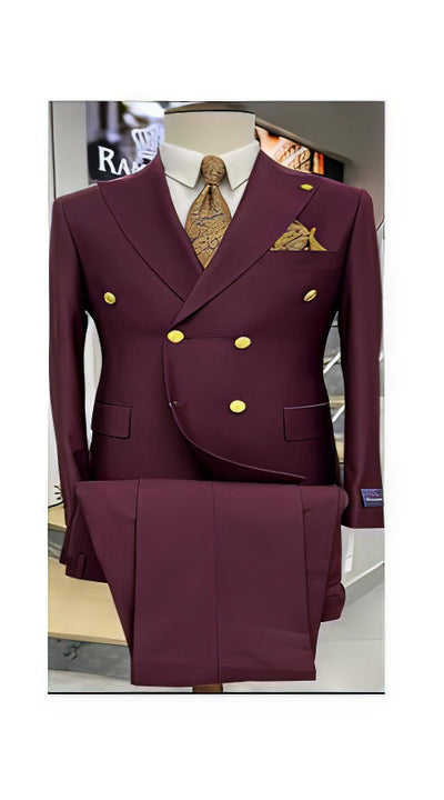 Burgundy Wool Double Breasted Blazer with Gold Buttons