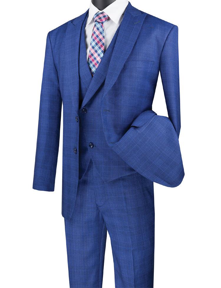 Three Piece Glen Plaid Blue Suit by Vinci