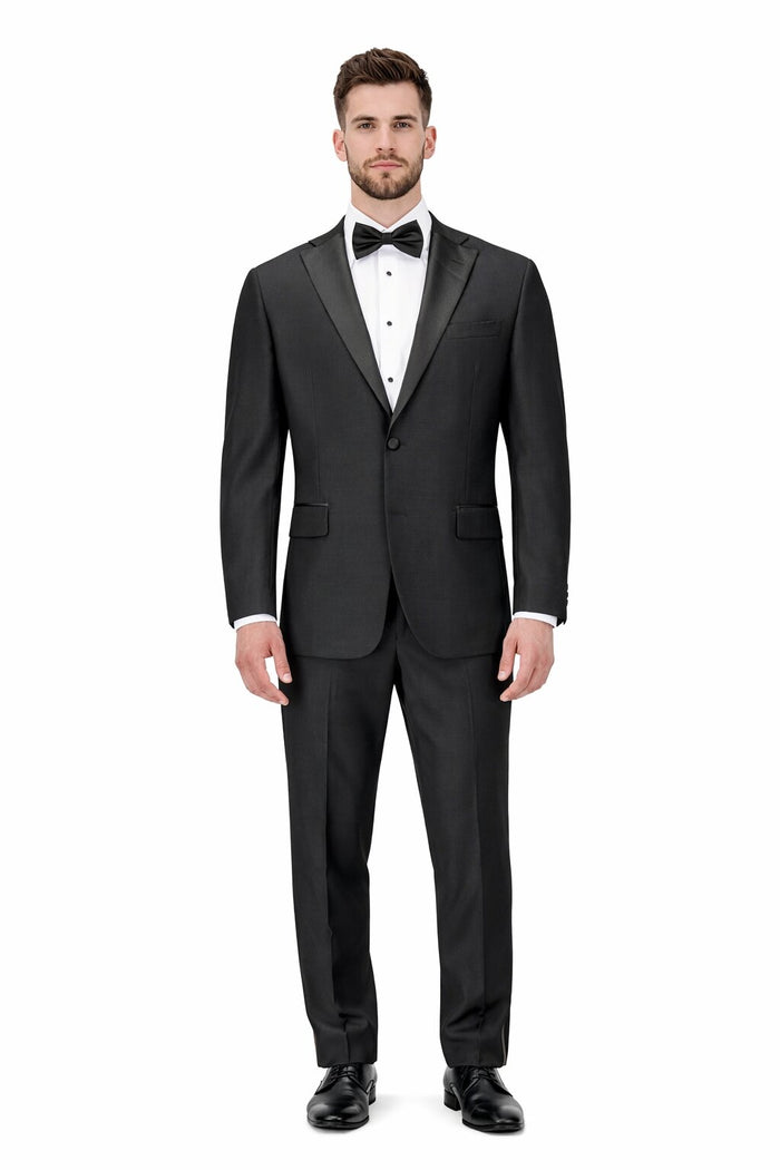 Mens Tiglio Modern Fit Black Wool Tuxedo – Classic Satin Lapel Formal Suit