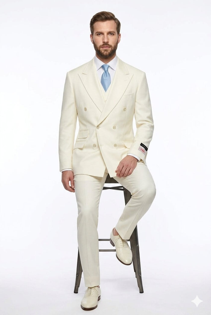 Tiglio Italian Suit - Real Wool Fabric Super 150's EST Off-White, Wide Leg Suit & Vest in Color Off-White