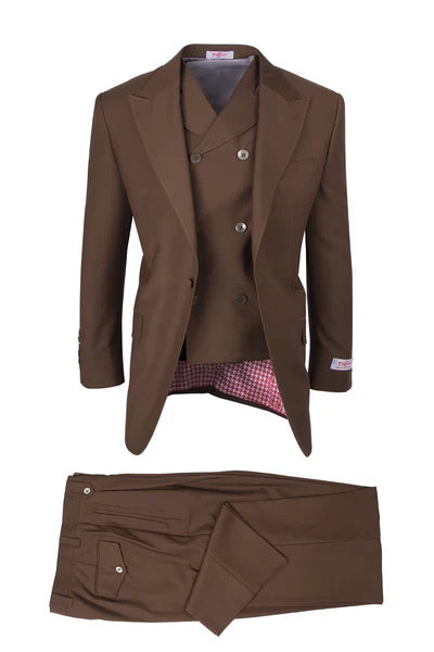 Tiglio Rosso Brand - Classic Suit Fit Pleated Pants Athletic Cut Real Wool Fabric Suit Peak Lapel in Color Brown Semi Wide leg Slack