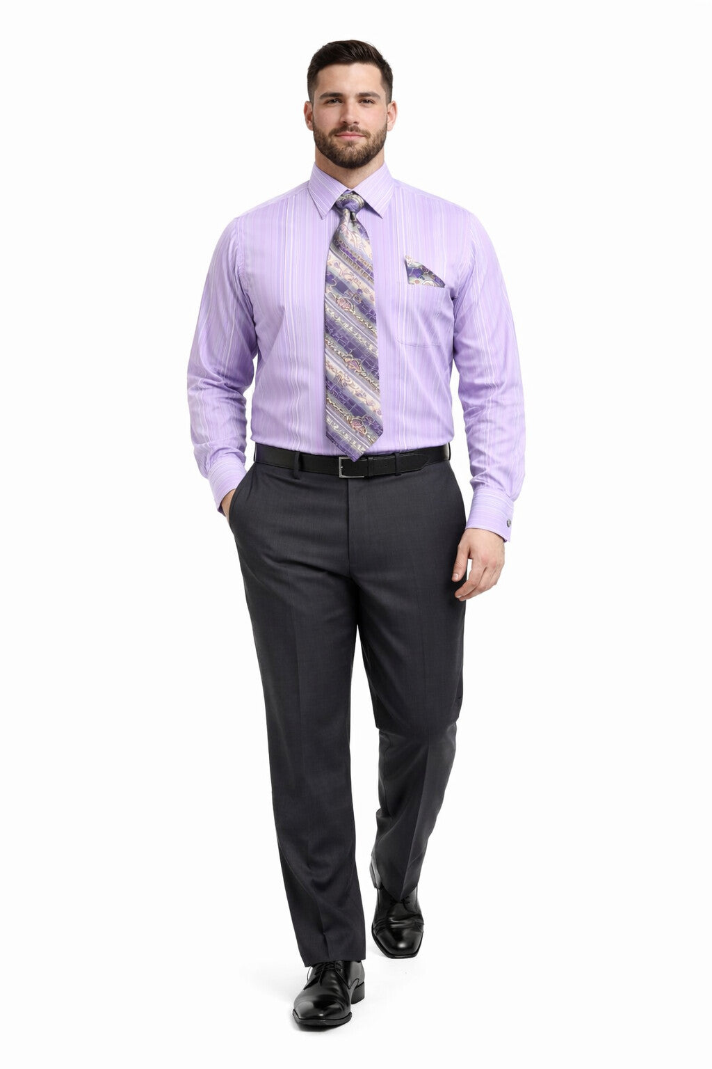 Tonal Stripe French Cuff Shirt Set - Lavender