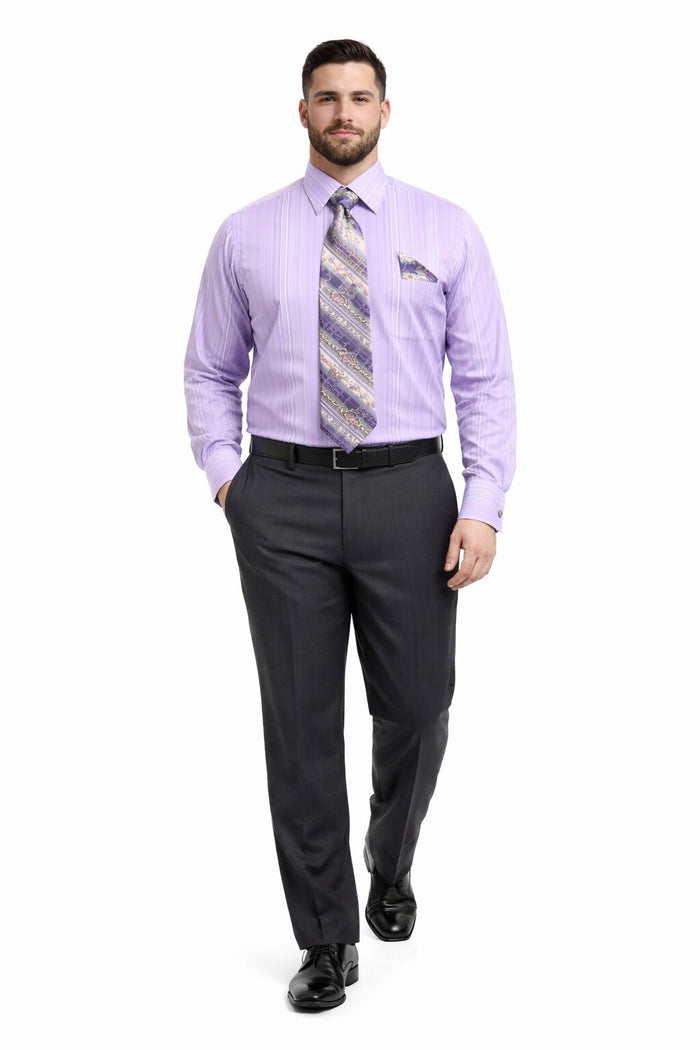 Tonal Stripe French Cuff Shirt Set - Lavender