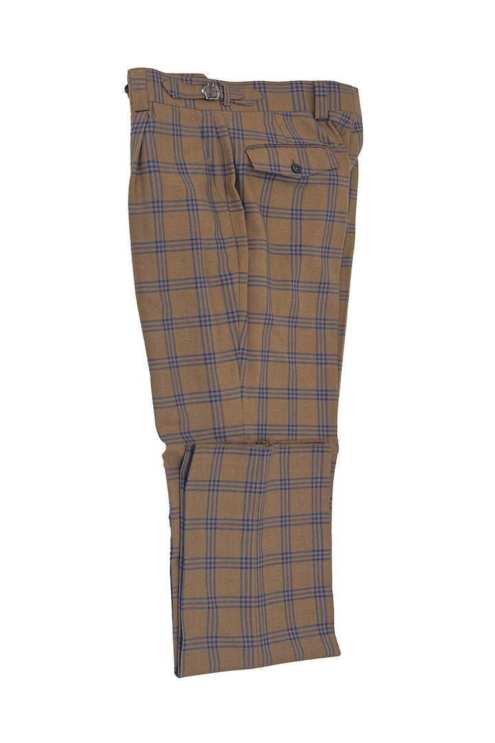 Tiglio Luxe Camel with Blue Windowpane Semi-Wide Leg Wool Marbella Dress Pants TL3304