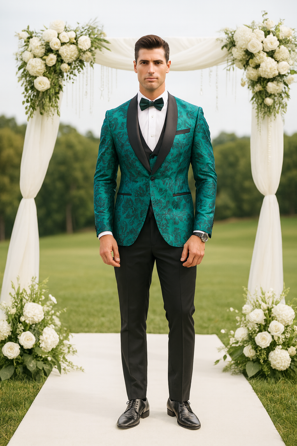 Turquoise Floral Tuxedo with Shawl Lapel – 4 Piece Set