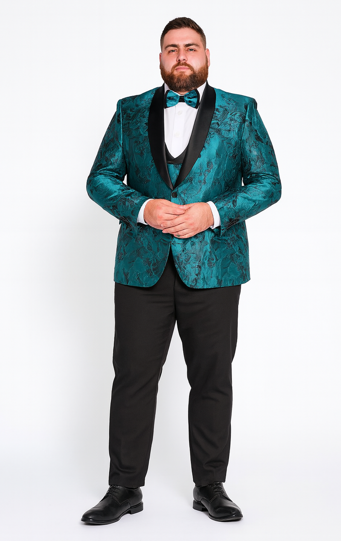 Turquoise Floral Tuxedo with Shawl Lapel – 4 Piece Set