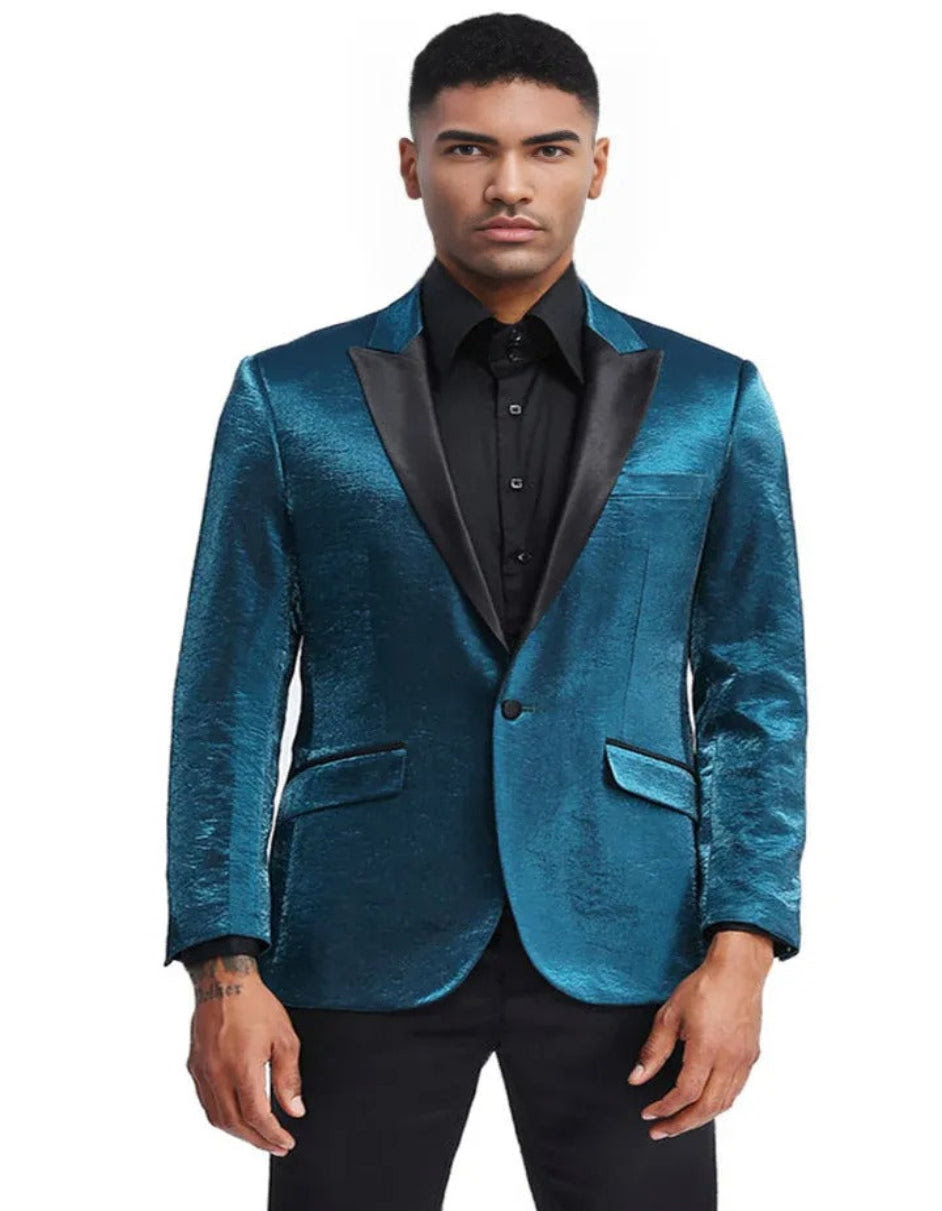 Turquoise Tuxedo Jacket Shiny Slim Fit With Peak Lapel - Blazer