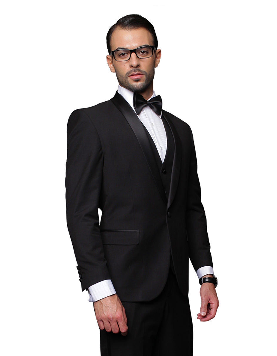 1 Button Shawl Lapel Vested Wool Tuxedo Black