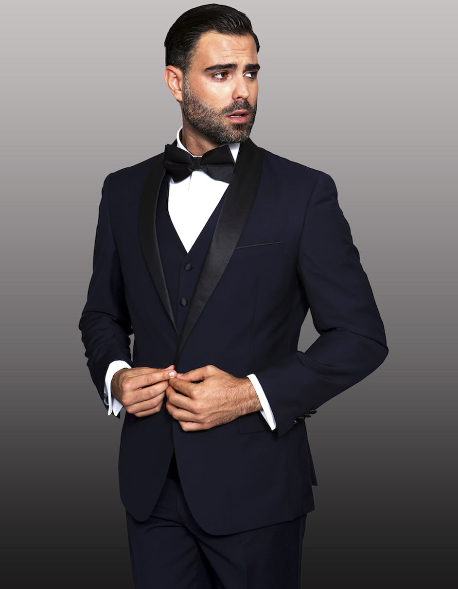 Navy Blue Shawl Lapel Vested Wool Tuxedo