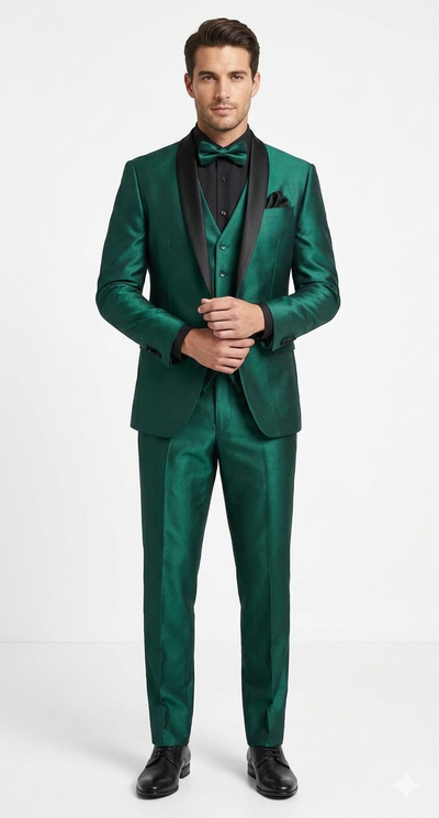 Mens Emerald Green Tuxedo with Black Satin Shawl Lapel – 3 Piece Formal Suit with Vest