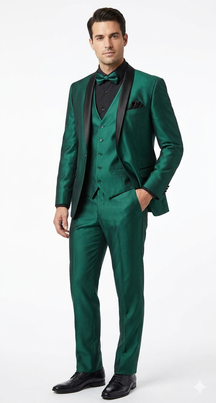 Mens Emerald Green Tuxedo with Black Satin Shawl Lapel – 3 Piece Formal Suit with Vest