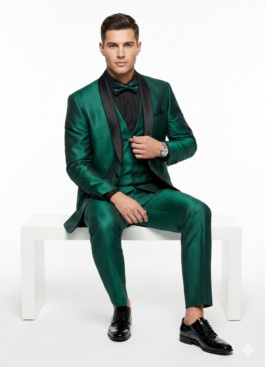 Mens Emerald Green Tuxedo with Black Satin Shawl Lapel – 3 Piece Formal Suit with Vest