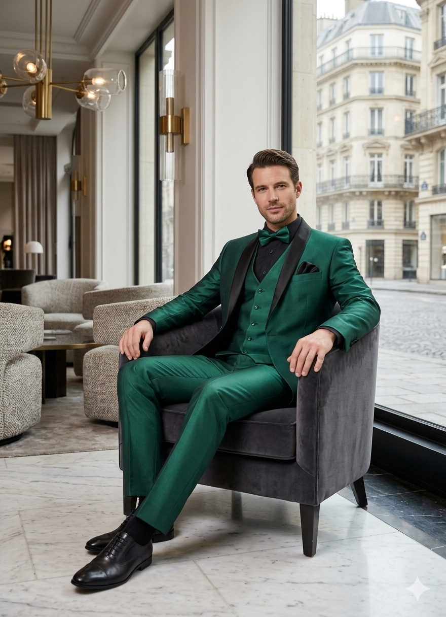 Mens Emerald Green Tuxedo with Black Satin Shawl Lapel – 3 Piece Formal Suit with Vest
