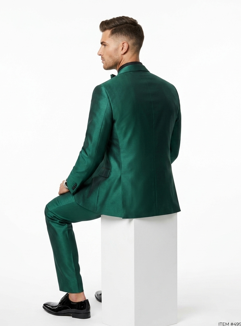 Mens Emerald Green Tuxedo with Black Satin Shawl Lapel – 3 Piece Formal Suit with Vest
