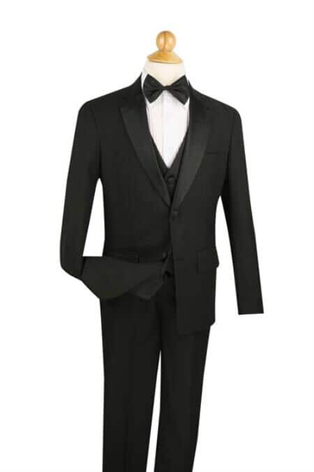 Two Button Boy's 5 Piece Prom ~ Wedding Groomsmen Tuxedo Pleated creased Pant,Shirt And Bow Tie Notch Collared Dark color black Toddler Suits for Weddings