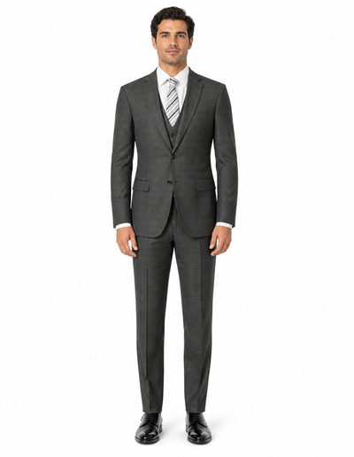 Two Button Poly/Rayon 3 Piece Regular Fit Plaid ~ Window Pane Olive Vested Suit