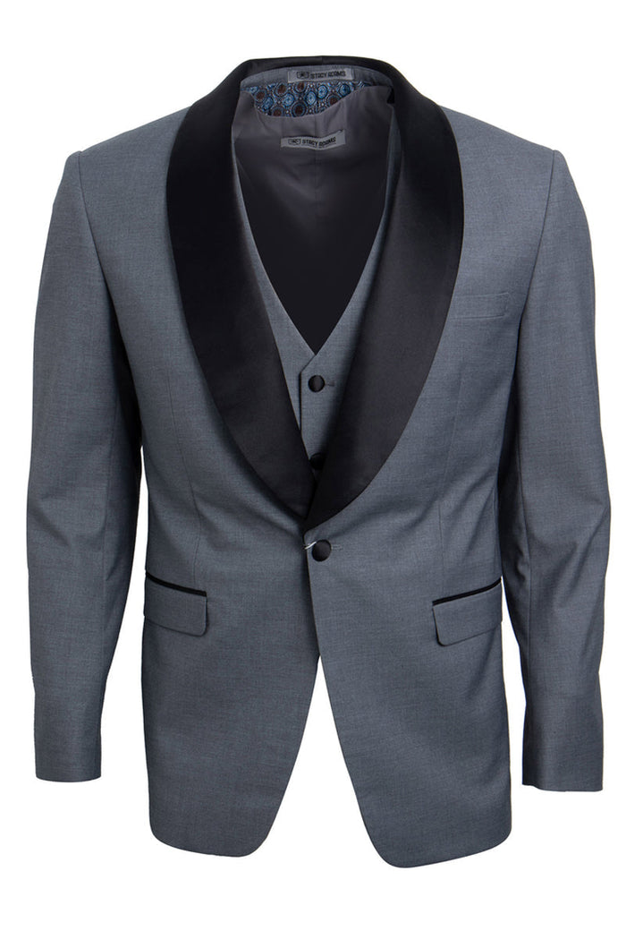 Grey Slim Fit Tuxedo with Large Black Shawl Lapel – 3 Piece Wedding & Prom Set