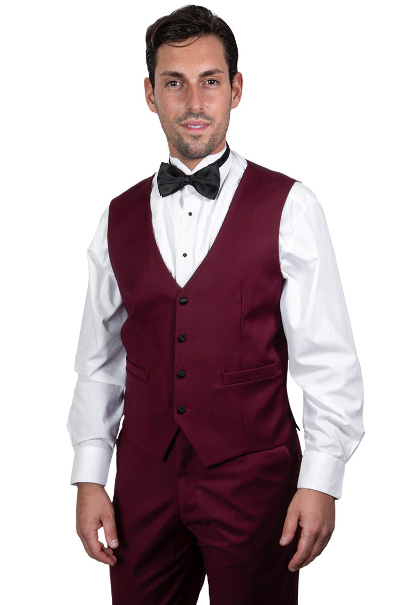 Burgundy Slim Fit Tuxedo with Large Black Shawl Lapel – 3 Piece Wedding & Prom Set