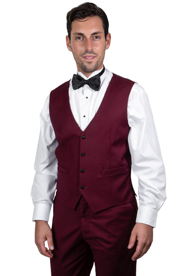 Burgundy Slim Fit Tuxedo with Large Black Shawl Lapel – 3 Piece Wedding & Prom Set