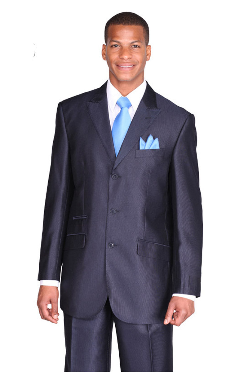 3 Button Sharkskin Peak Lapel Suit, Navy