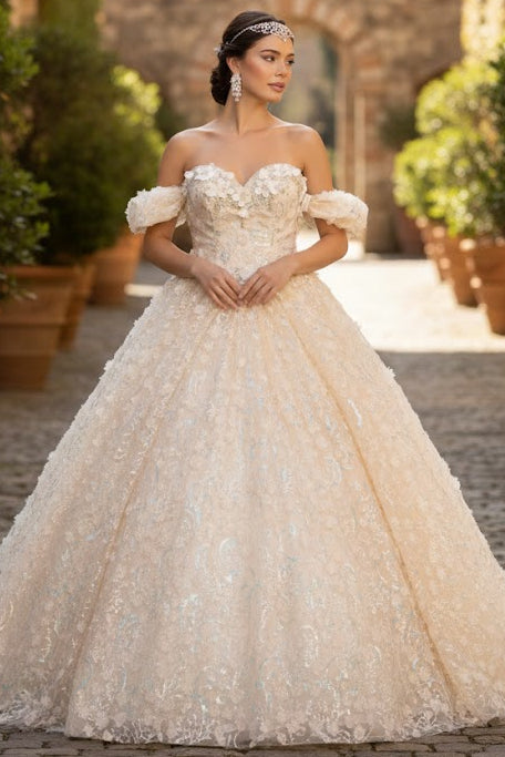 3D Floral Off Shoulder Ball Gown by Elizabeth K GL3019