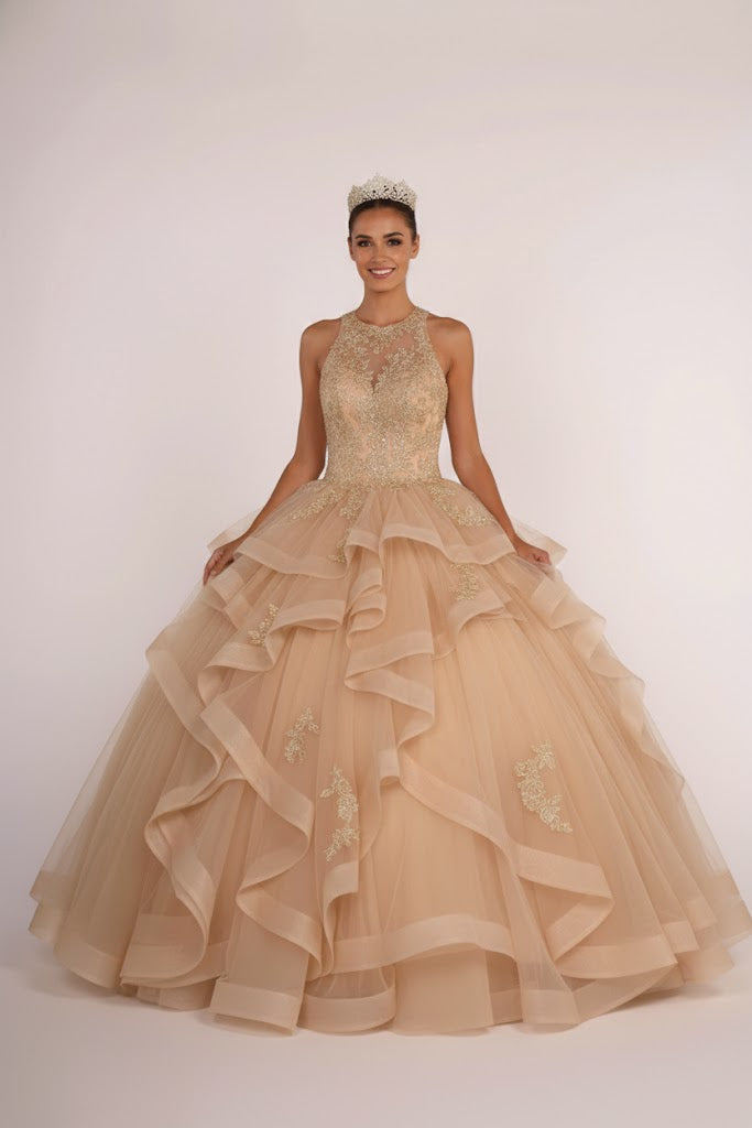 Beaded Illusion Ball Gown With Layered Skirt by Elizabeth K GL2513