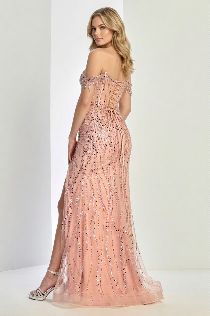 Off Shoulder Formal Gown Beaded Fitted Long Prom Dress by Adora Design 3238