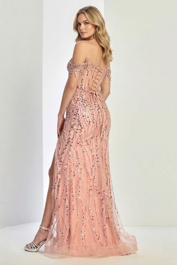 Off Shoulder Formal Gown Beaded Fitted Long Prom Dress by Adora Design 3238