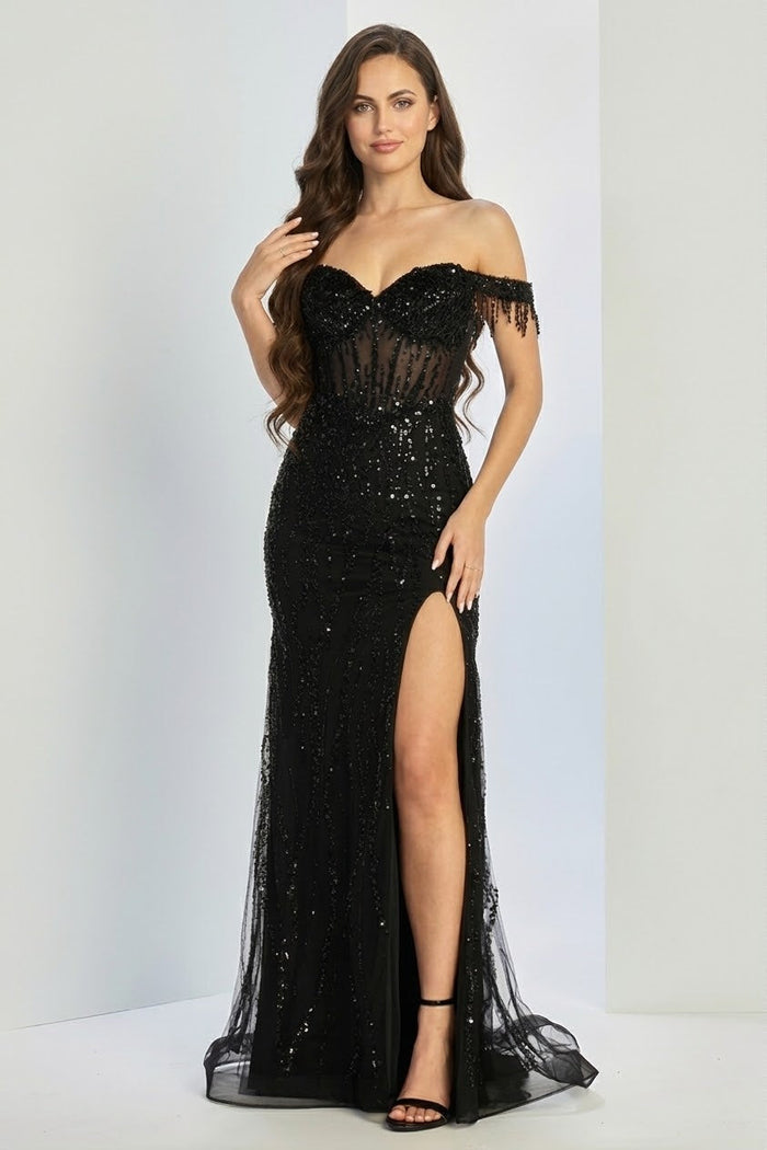 Off Shoulder Formal Gown Beaded Fitted Long Prom Dress by Adora Design 3238