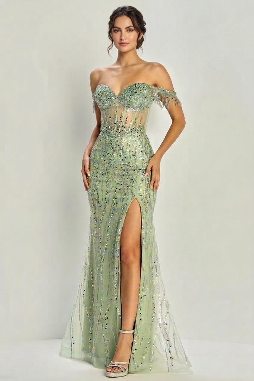 Off Shoulder Formal Gown Beaded Fitted Long Prom Dress by Adora Design 3238