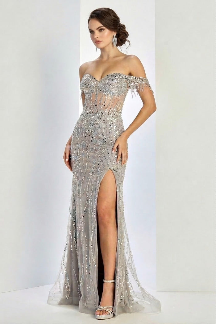 Off Shoulder Formal Gown Beaded Fitted Long Prom Dress by Adora Design 3238