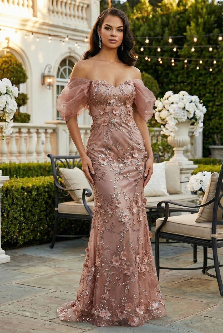 Off Soulder 3D Floral Applique Red Carpet Dress-New Collection