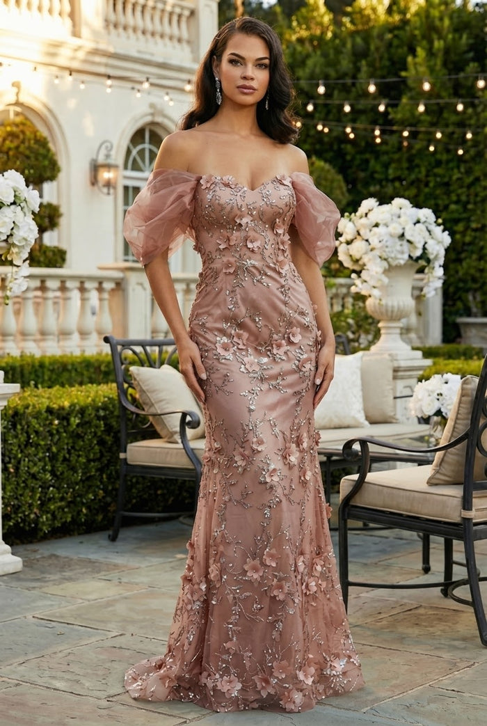 Off Soulder 3D Floral Applique Red Carpet Dress-New Collection