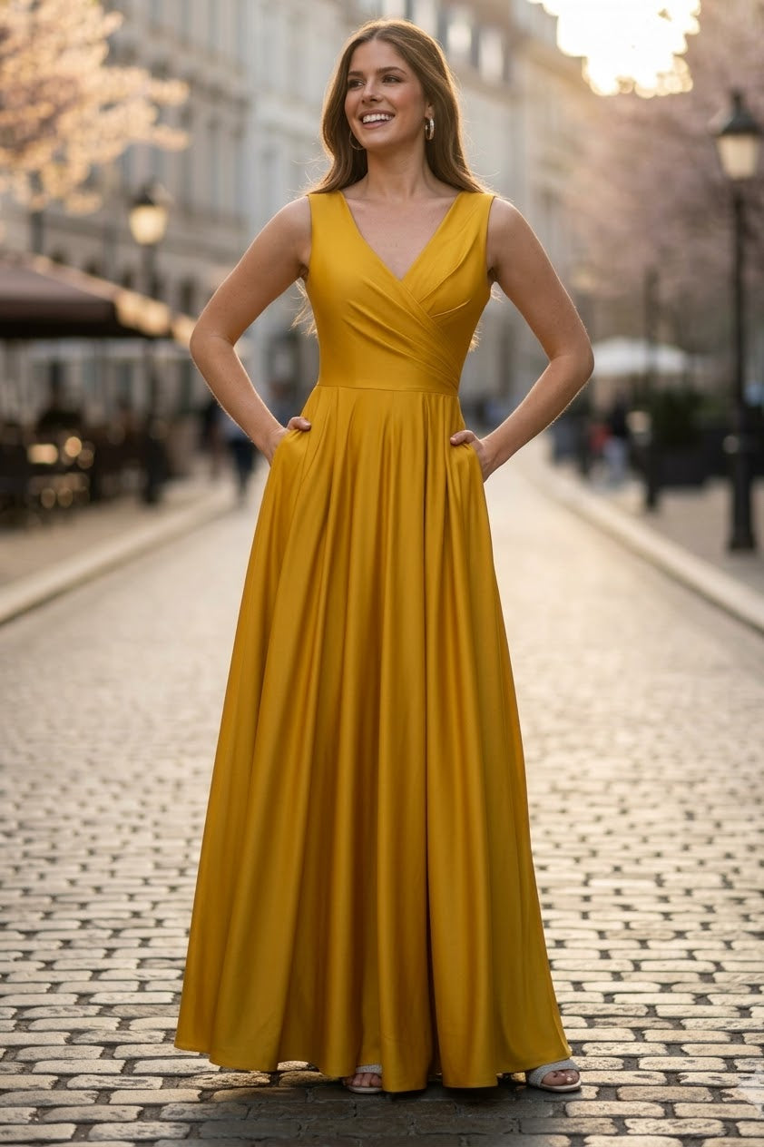 Lenovia 5242 Side Pockets A-line Shiny Long Simple Formal Evening Gown