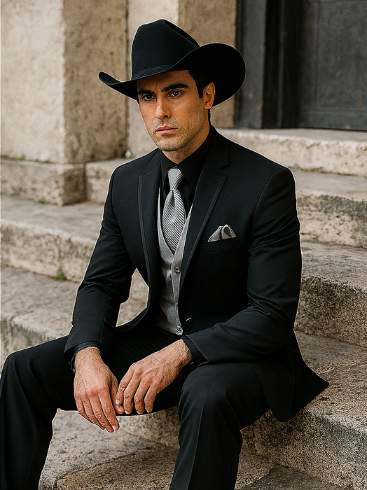 Black Western Tuxedo with Silver Vest & Hat - Slim Fit