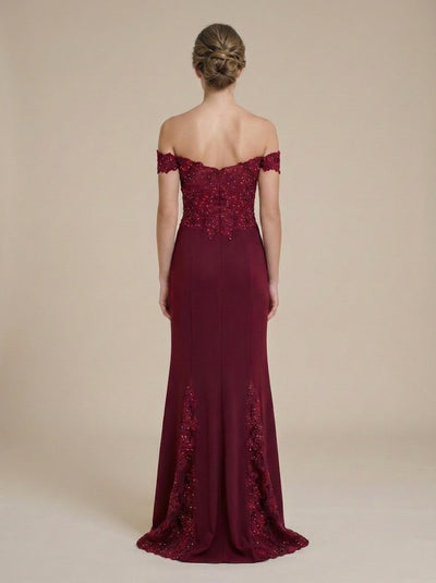 Off-Shoulder Beaded Embroidered Mermaid Formal Gown with Mesh Godet Skirt By Lenovia 8137