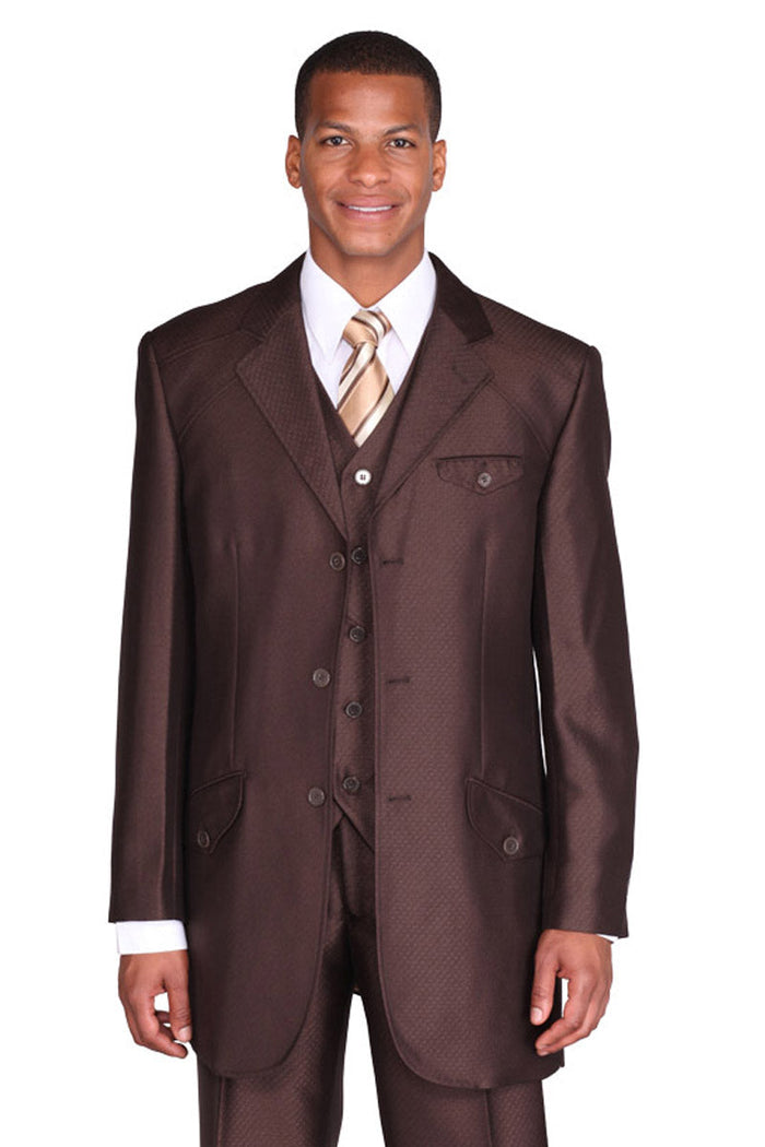 Mens 3 Button Vested Mini Diamond Weave Shiny Sharkskin Suit in Brown